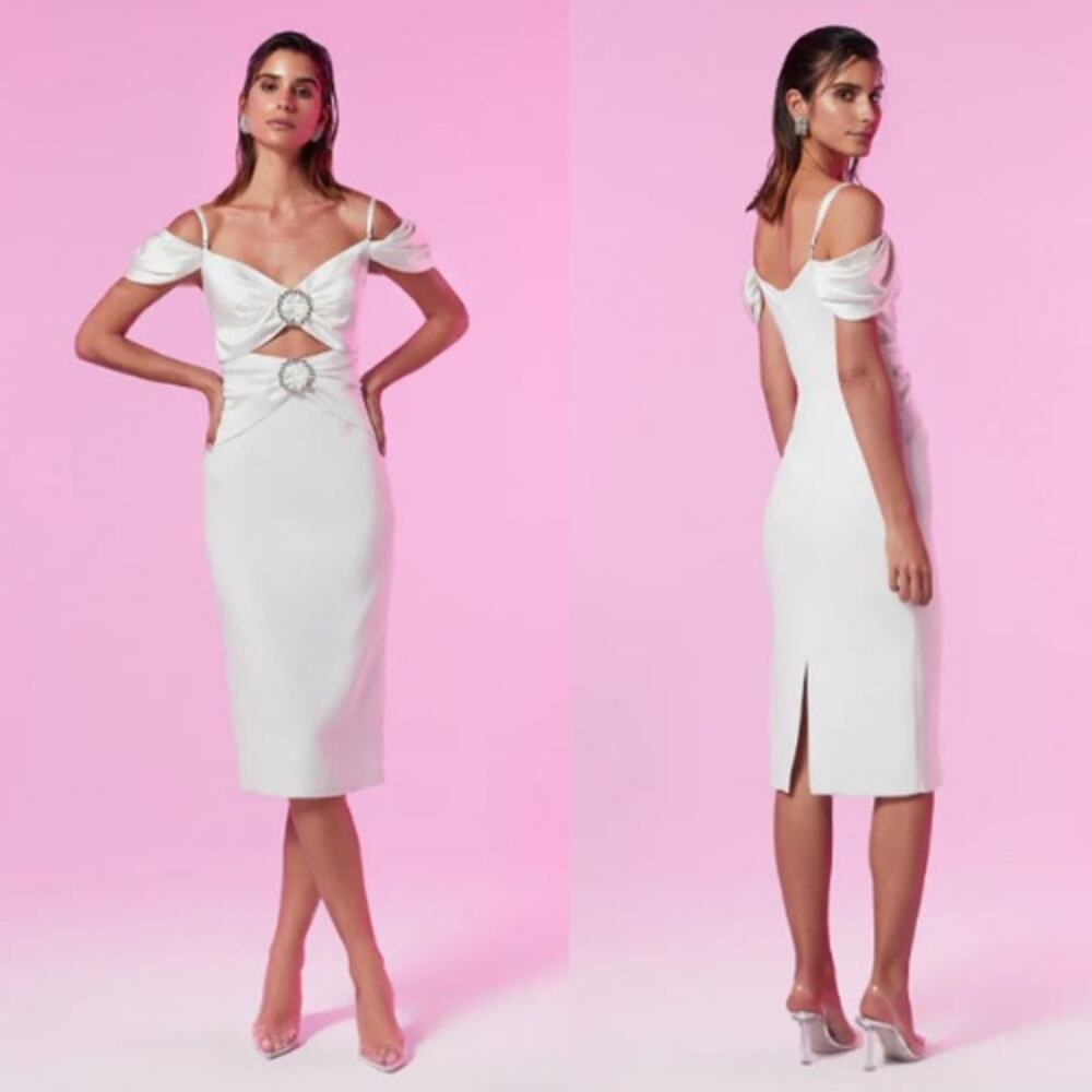 Gigi's June‎ Satin Midi Dress White Cutout Swarovski Stone Bridal Wedding Bride